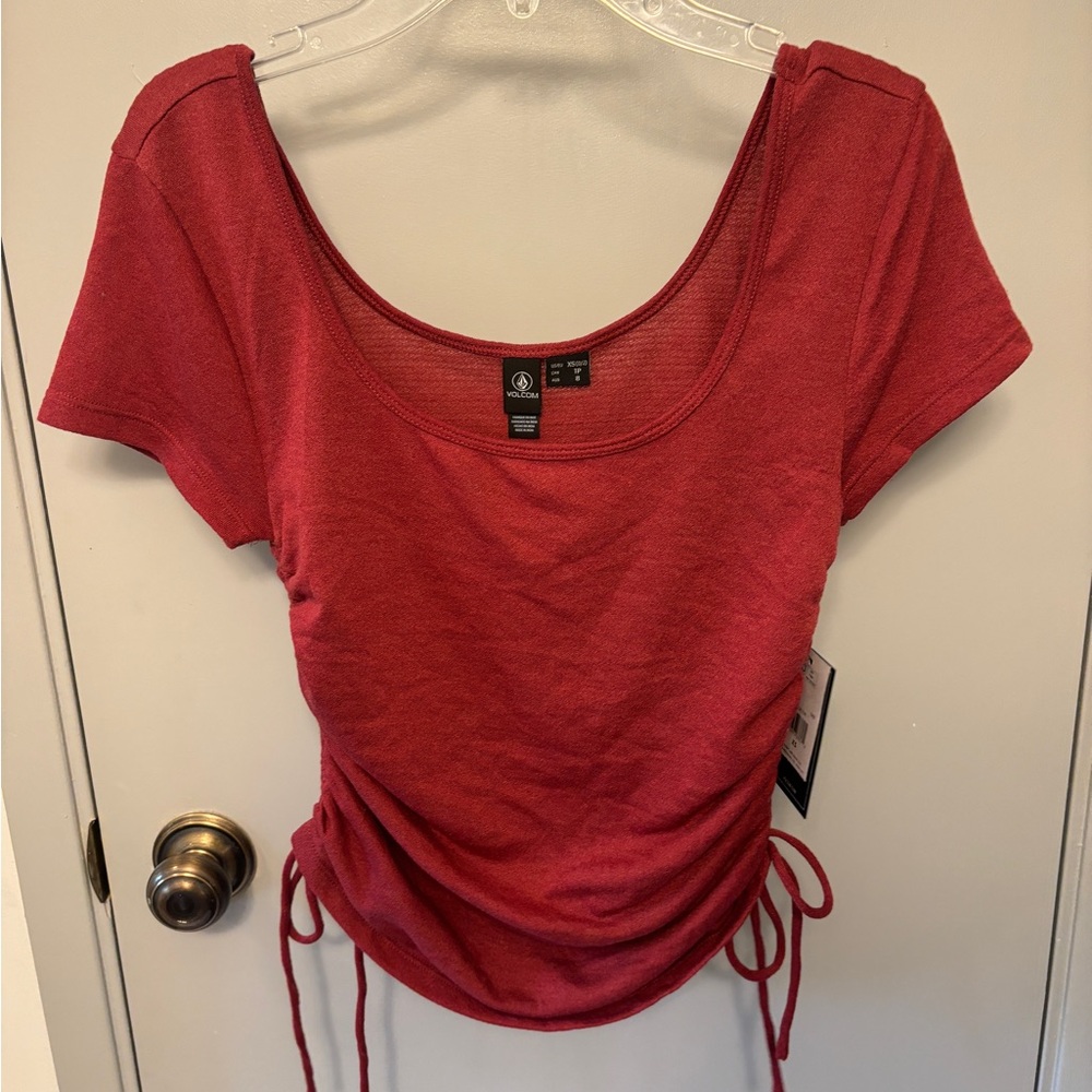 Volcom Red Ruched Fitted Blouse